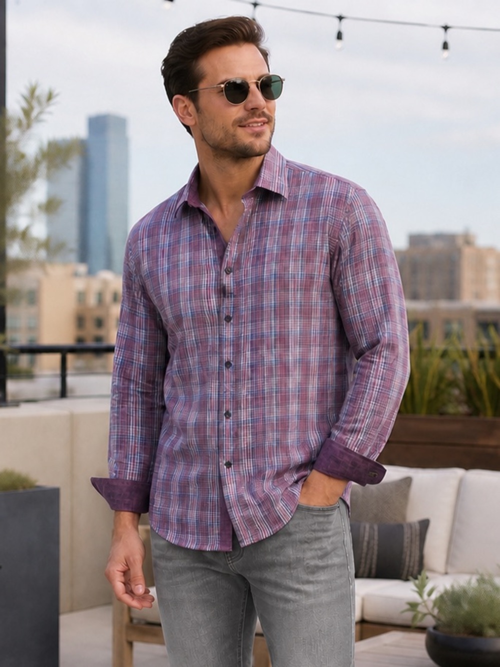 💜 Tallia Men’s Plaid Dress Shirt XL | Burgundy Purple Button Down | Casual Shirt